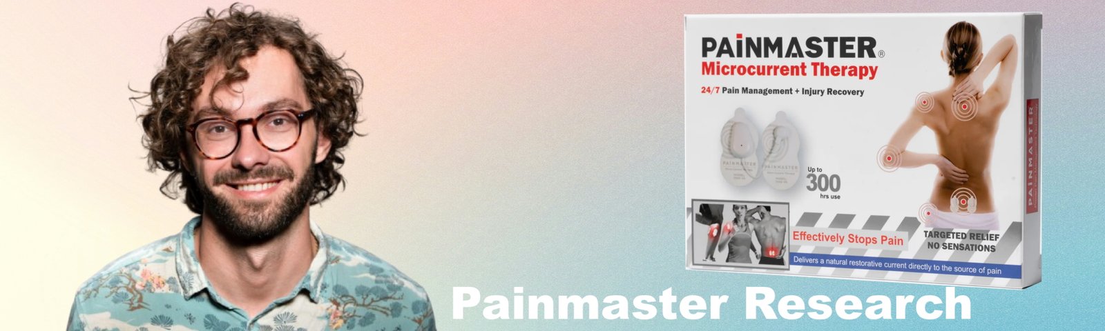Painmaster Research banner, with a young man looking forward and a pack of Painmaster MCT patches on the opposite side.